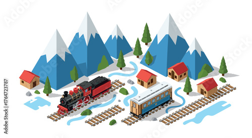 Isometric mountain train journey with alpine cabins and flowing river