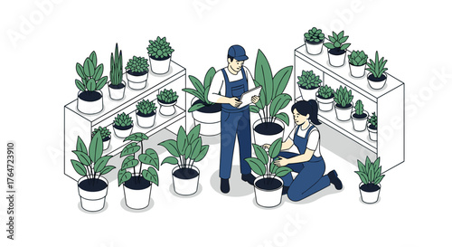 Teamwork in modern indoor gardening store: workers caring for lush houseplants