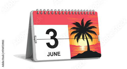 Calendar Displaying June 3rd with Tropical Sunset, Representing Summer Vacation and Tropical Getaway Planning
