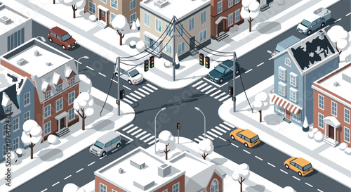 Winter urban intersection in isometric style with snow-covered streets and buildings