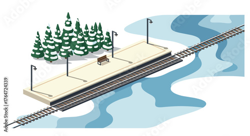 Winter train platform scene with snow-covered forest in isometric design