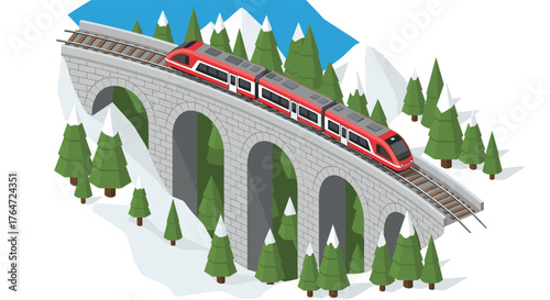 Modern train crossing mountain bridge in isometric winter landscape