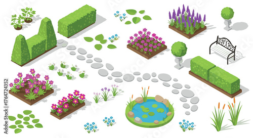 Charming garden elements in isometric style featuring flowers, pathway, and pond