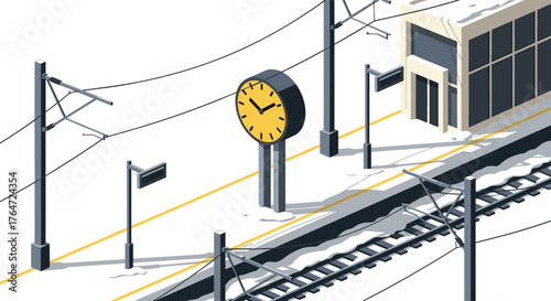 Isometric train station platform with clock and railway tracks in winter scene