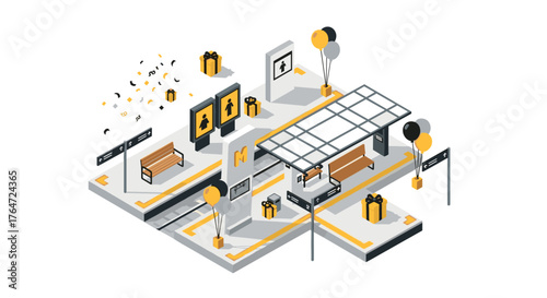 Urban isometric train station celebrating with balloons and gifts