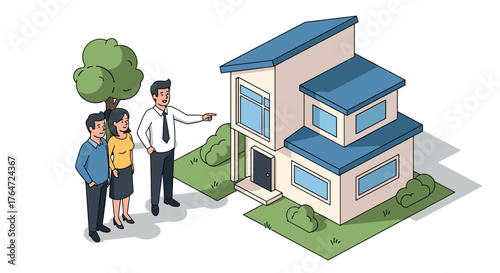 Family viewing modern home: real estate concept in isometric style