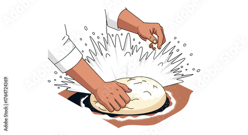 Chef kneading dough with flour splash in dynamic art style