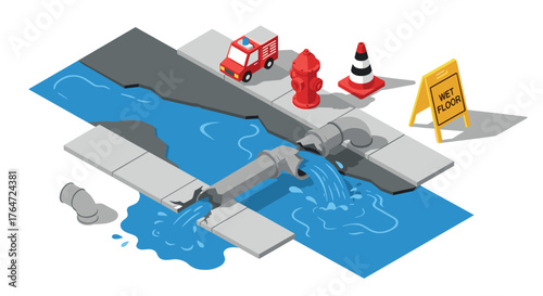Isometric diagram of emergency response to broken water pipe with fire truck and warning signs