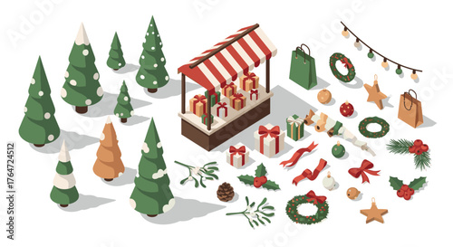Isometric christmas market stall with gifts and festive decorations