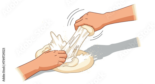 Hands stretching dough in a fun kitchen baking activity