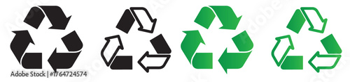 Recycle symbol icons isolated on white background, featuring a solid black version, an outlined black version, a vibrant green version, and a gradient green version, all representing environmental con