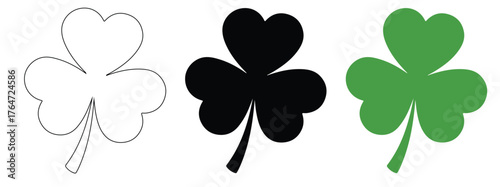 Three shamrock icons isolated on white background, showcasing a simple outline, a solid black silhouette, and a vibrant green version, each representing the iconic symbol
