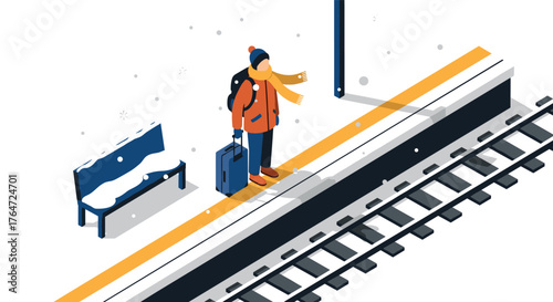 Traveler waiting at snowy train platform in isometric style