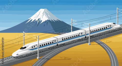 High-speed train passing by mountain under clear blue sky