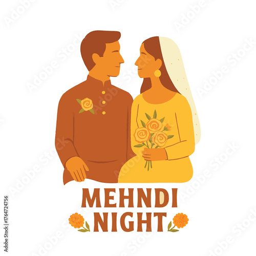 Illustration of a couple celebrating Mehndi Night, dressed in traditional South Asian attire. The groom wears a brown kurta with a floral boutonniere, while the bride is in a yellow outfit.