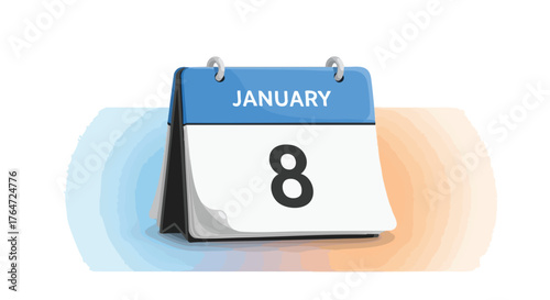 Stylized depiction of a calendar showing January 8th with a soft color wash background creating a modern and illustrative feel