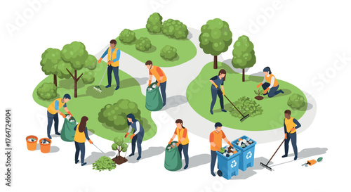 Volunteers in orange vests clean park with recycling and tree planting in isometric style