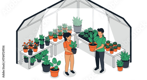 People caring for plants in a greenhouse with various potted greenery