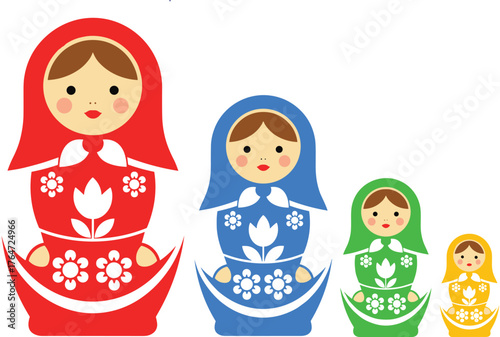 Traditional Matryoshka Russian Nesting Dolls with Floral Pattern Vector Set