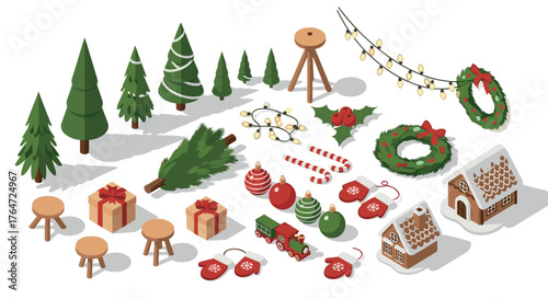 Festive christmas isometric elements with trees, gifts, and decorations
