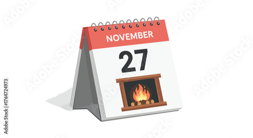 Conceptual November 27th Calendar Page Featuring Cozy Fireplace Illustration Depicting Festive Holidays 98characters