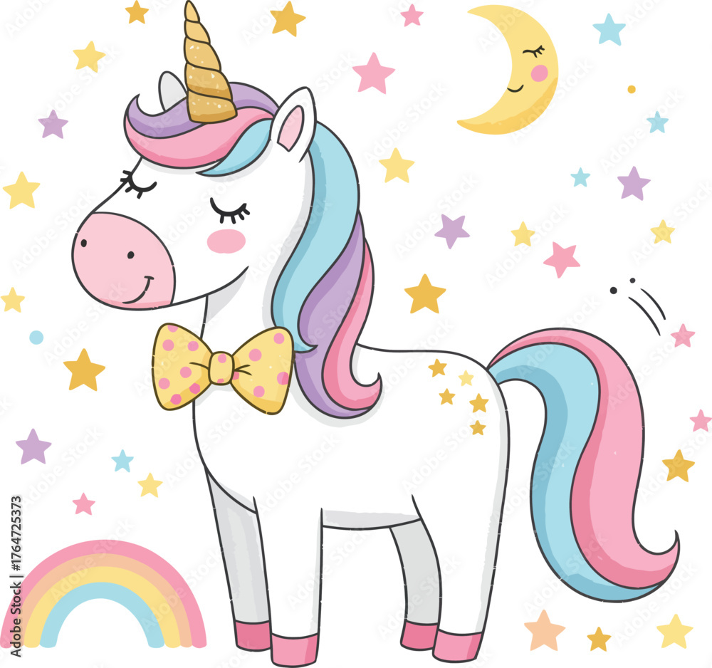 Fototapeta premium Whimsical unicorn with rainbow and moon stars magical enchanted fantasy creature