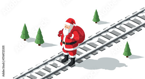 Festive santa on railway track in winter wonderland isometric style