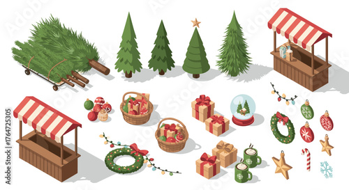 Festive holiday market with christmas trees, stalls, and ornaments in isometric style