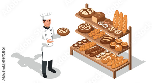 Isometric baker with bread and pastry display: artisan bakery concept on shelves