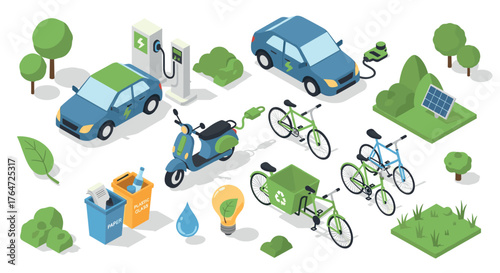 Sustainable urban transportation and energy solutions in isometric design