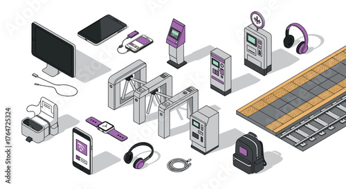 Isometric urban commuter technology and accessories at train station