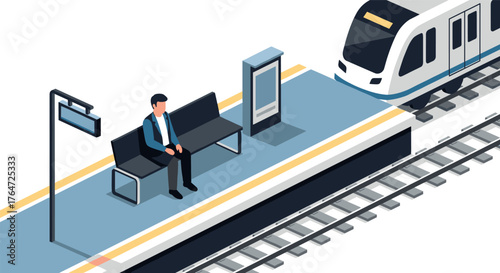 Isometric train station platform with passenger and approaching train