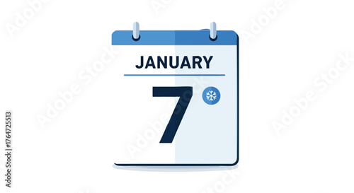January seventh calendar icon graphic element showcasing wintry weather and event reminder representation on isolated white background