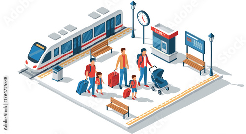 Family traveling by train: isometric station scene with travelers and luggage