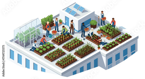 Urban rooftop gardening in action: community growing fresh vegetables and sustainable greenhouses