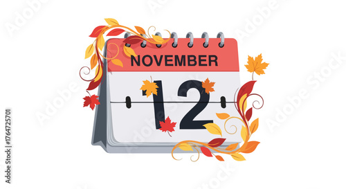 November twelfth date on calendar adorned with autumn leaves design evokes a seasonal reminder of autumnal events and scheduling