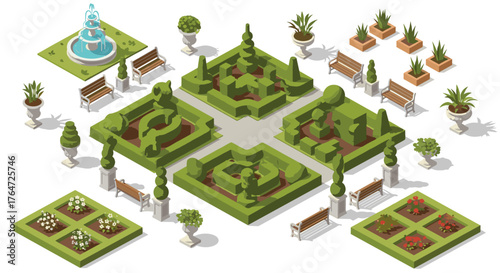 Isometric garden design with detailed shrubs and benches