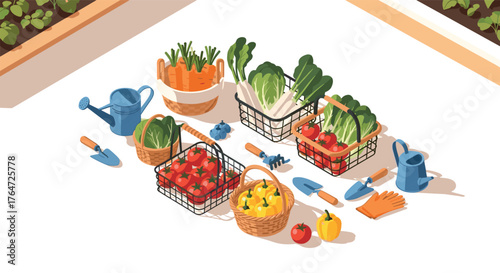 Home gardening essentials: basket harvest with vegetables and tools in flat design