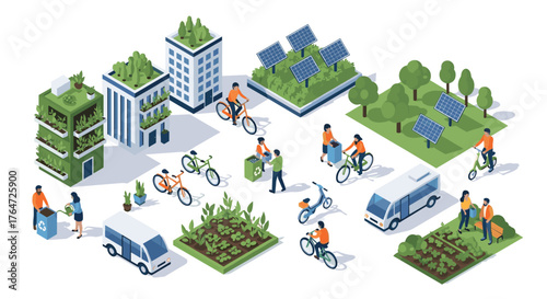 Sustainable city life: green buildings, urban gardens, and eco-friendly transportation