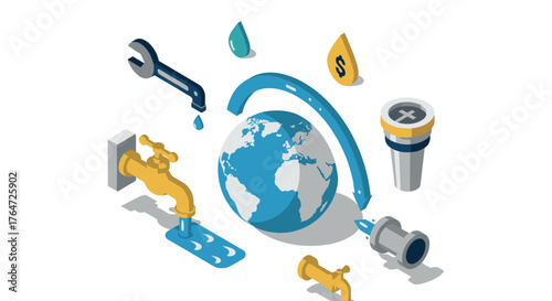 Isometric illustration of water conservation with globe, faucet, and tools