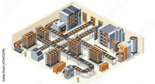 Isometric bakery factory with conveyor system and baked goods production line