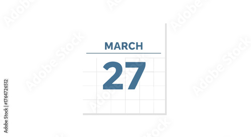 Visual representation of March 27th date, illustrated with a simplistic calendar icon against a stark white backdrop providing clarity and