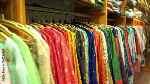 A colorful collection of Indian kurtis on a display rack at a clothing store