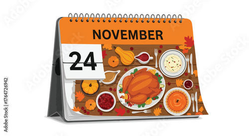 Festive November 24th Calendar Displaying a Lavish Thanksgiving Feast Celebration Illustration