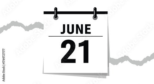 Minimalistic torn calendar leaf mockup, June 21st, marking the summer solstice or a significant event for time management in black and white tones