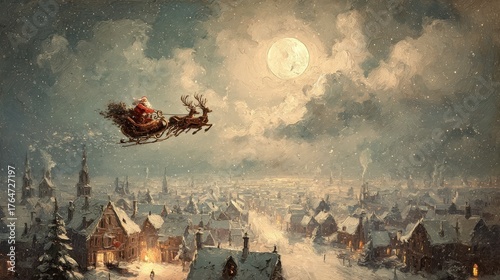 Santa Claus flying over a snow-covered village in a sleigh pulled by reindeer