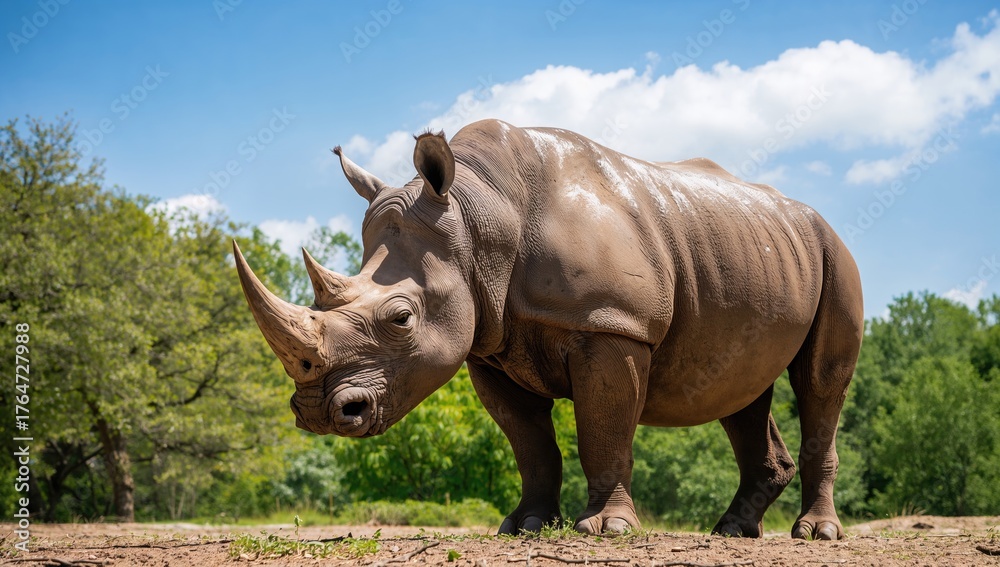 Fototapeta premium Outdoor daylight view of a rhinoceros with a prominent nose horn in a wildlife park
