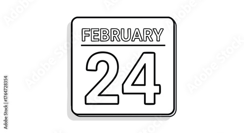 February 24th marked on calendar, representing specific date of month with isolated minimal outline design for print material and event reminder tool