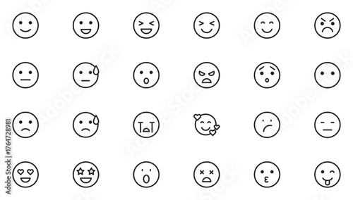 Emotions and Smileys icon set. Doodle Emoji face icon set. set of emoji in round shapes. Face Emotions. Thin outline icons pack. Vector illustration