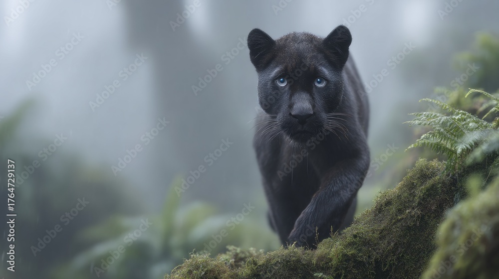 Obraz premium In a lush rainforest, a black panther moves quietly through the vibrant greenery, its sleek body blending with the surroundings. The air is thick with mist, adding mystery to this serene moment